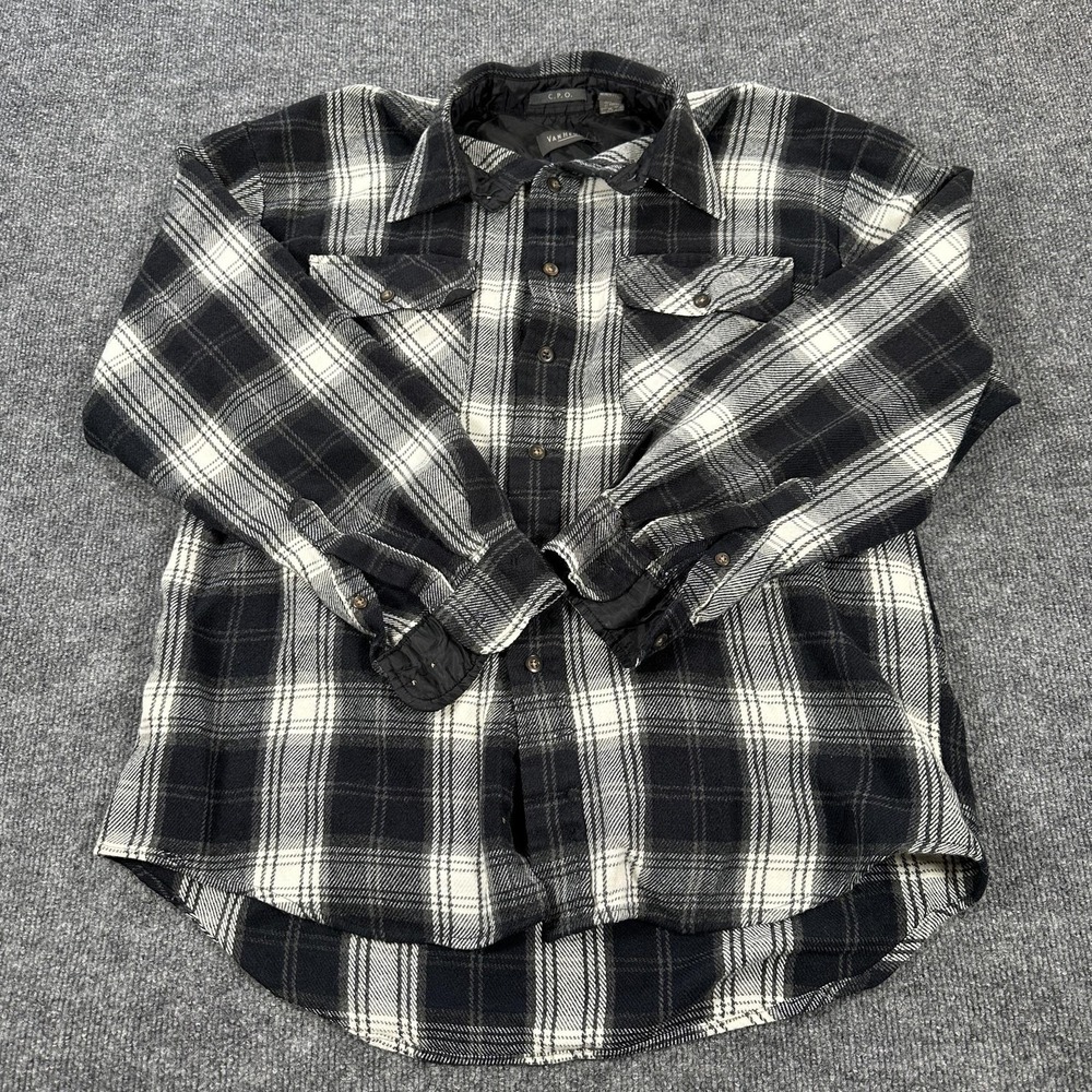 Van Heusen Shirt Mens Medium Black Plaid Flannel Lined Long Sleeve CPO Button Up